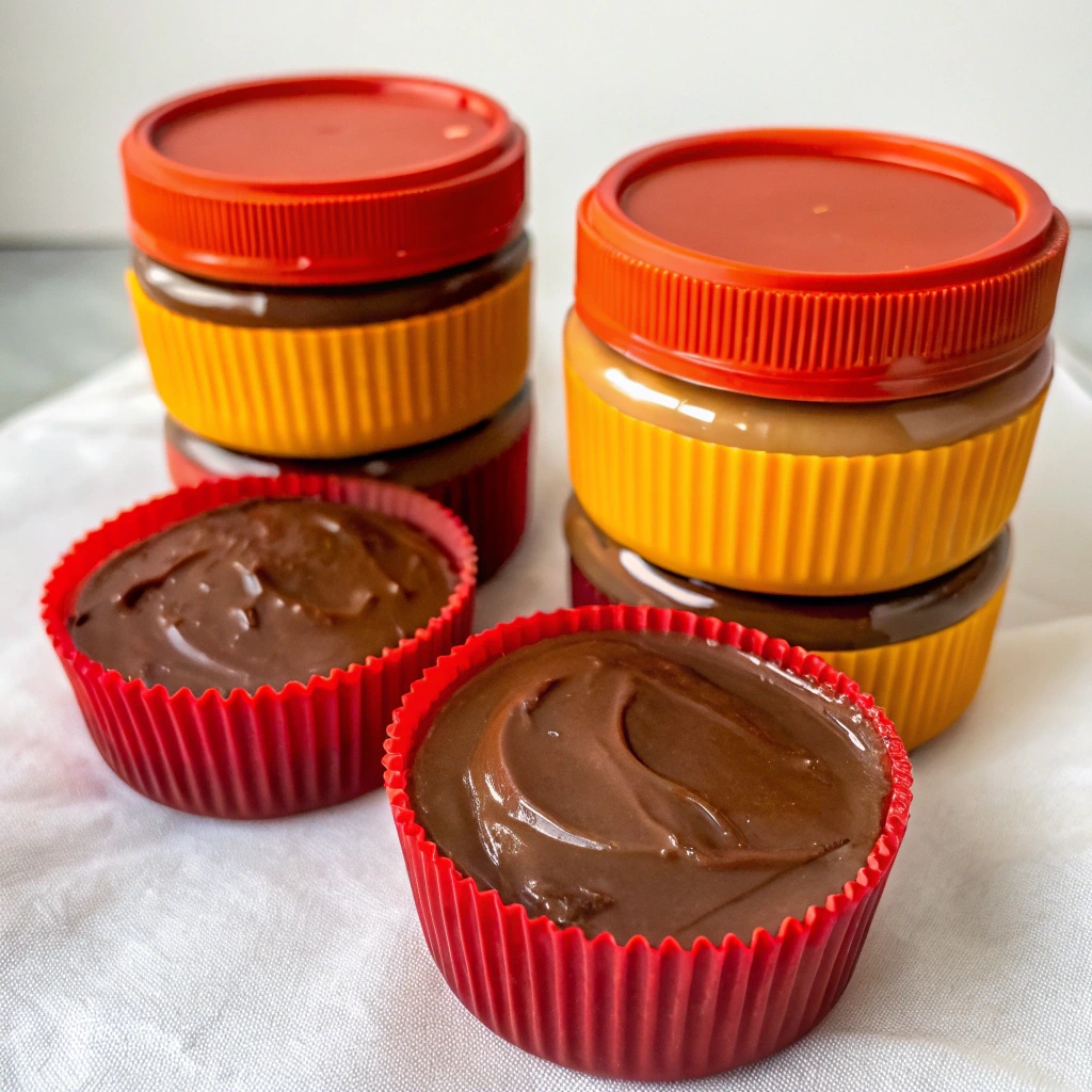 Peanut Butter Cup Jars on a Wooden Kitchen Counter