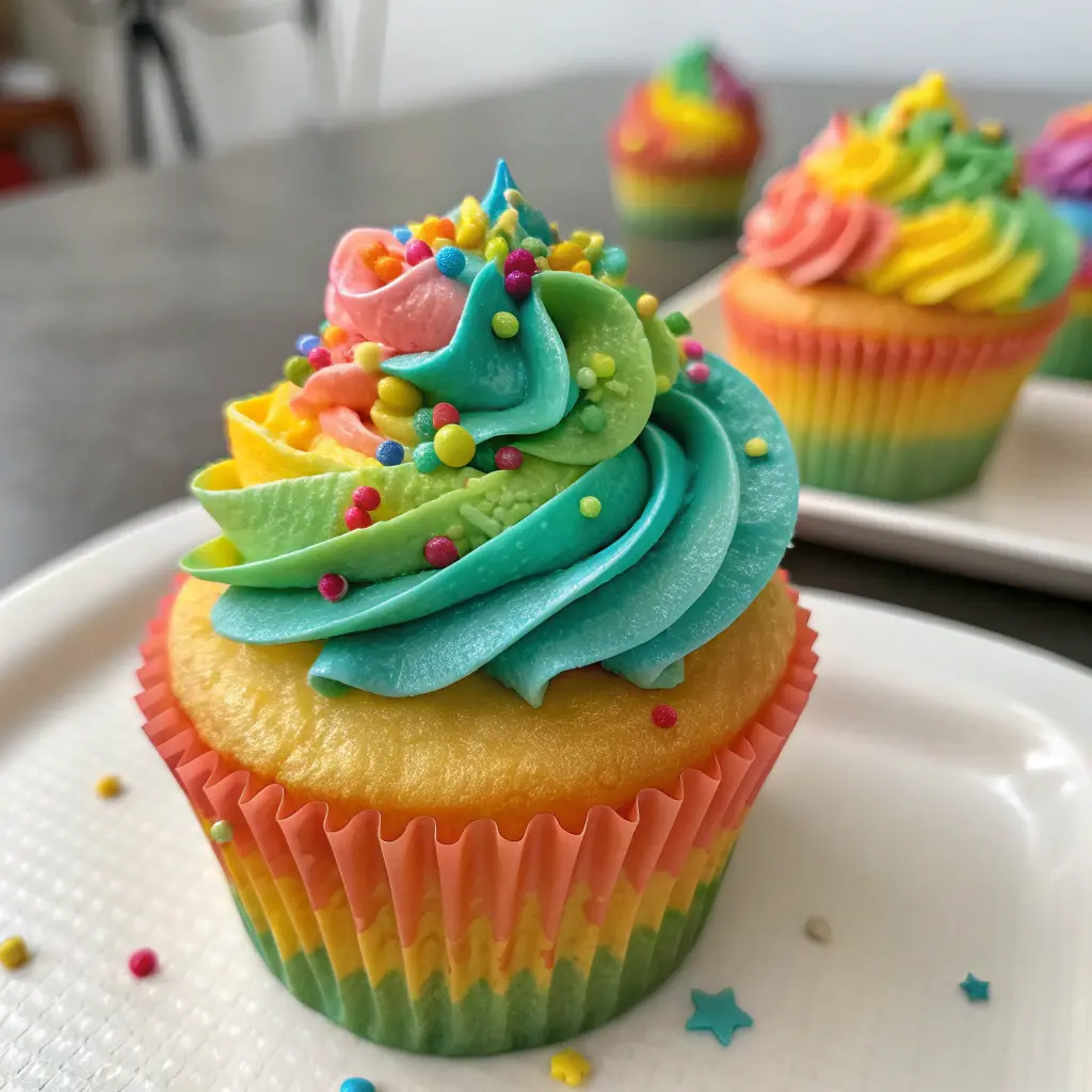 Birthday cupcakes with colorful frosting and party decorations