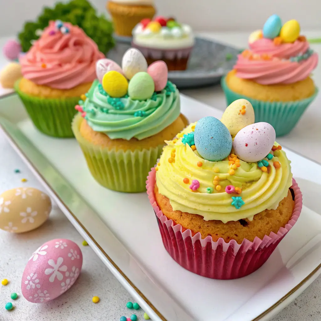 Easter cupcakes decorated with pastel frosting and spring toppings
