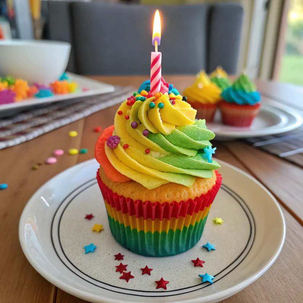 happy birthday cupcake with sprinkles and birthday topper