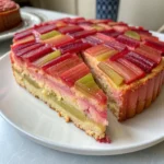 Freshly baked rhubarb cake recipe on a rustic table with spring ambiance