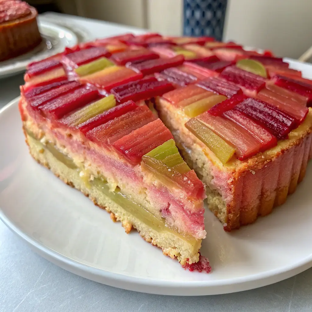 Freshly baked rhubarb cake recipe on a rustic table with spring ambiance