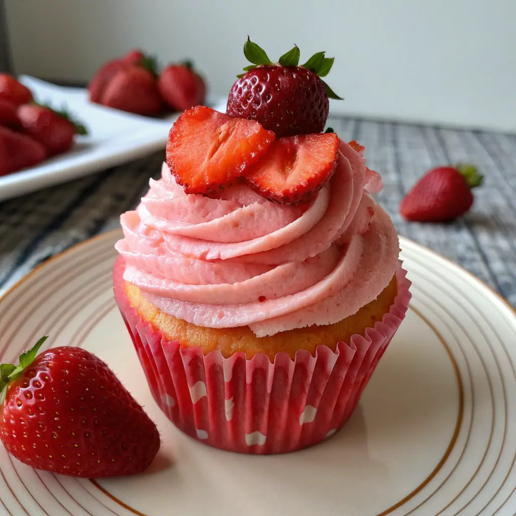 Strawberry cupcake with fresh strawberries and frosting